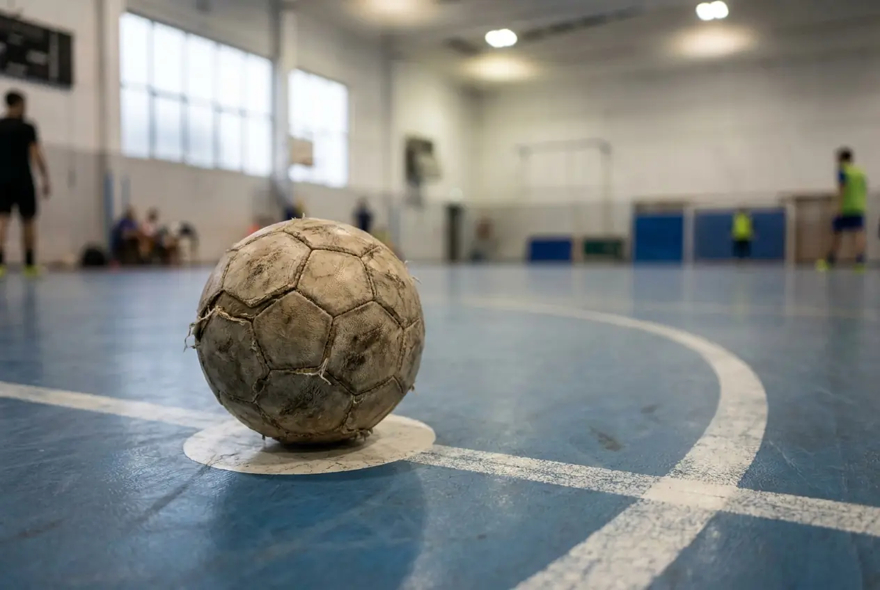 Bola futsal di titik tengah gelanggang vinil biru