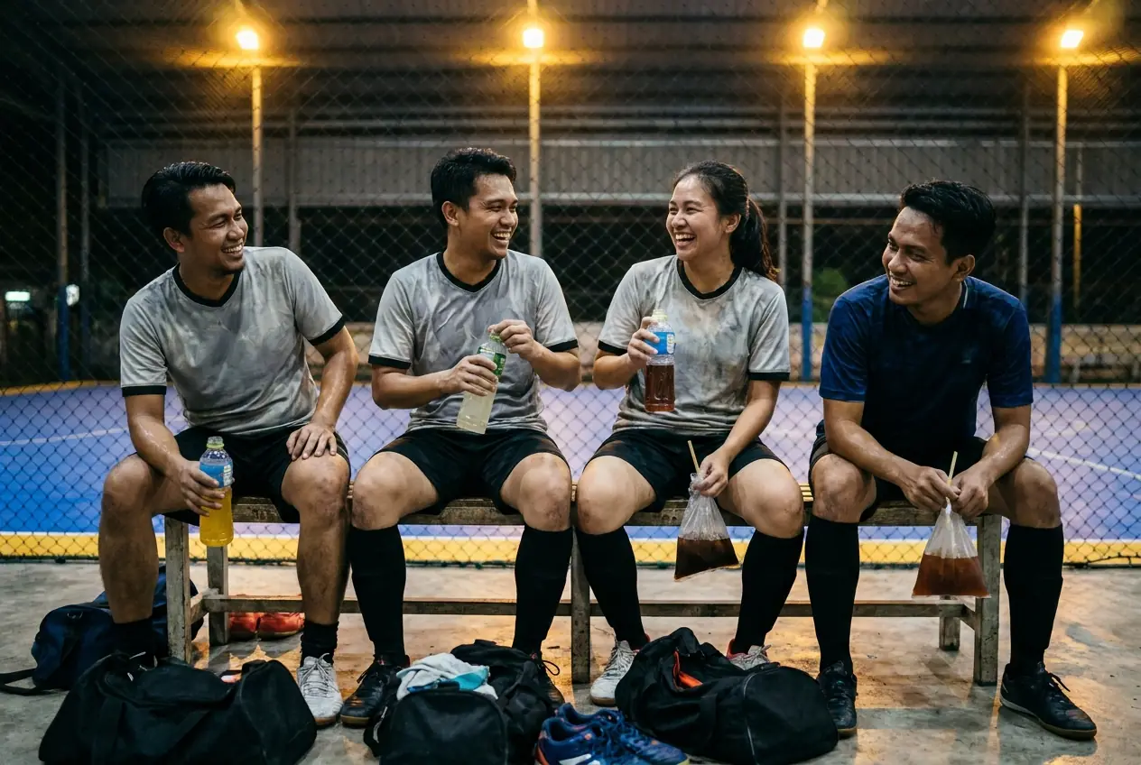 Rakan sepejabat berehat di bangku selepas perlawanan futsal malam, memegang minuman