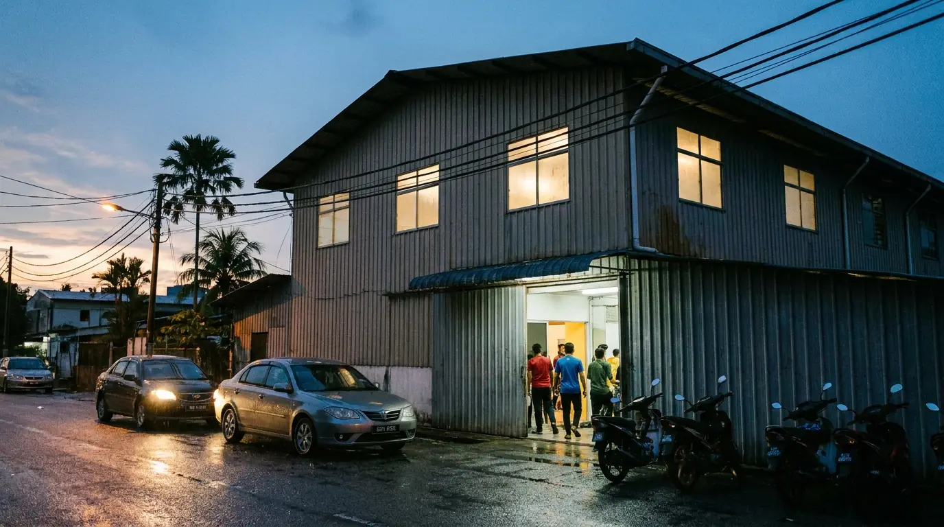 Bangunan KickOff Arena di Setapak waktu senja, motosikal dan kereta di hadapan