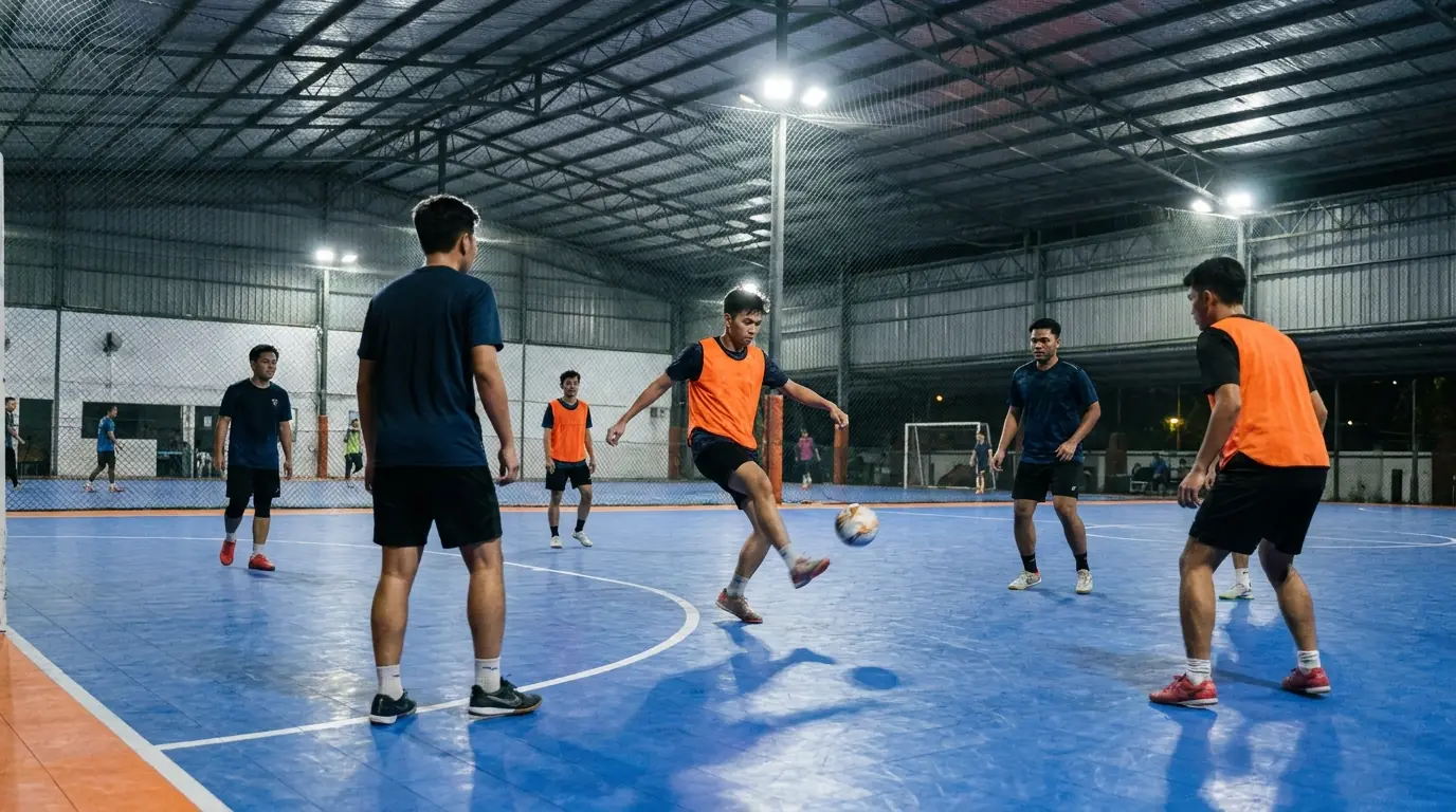 Perlawanan futsal malam di gelanggang vinil biru KickOff Arena, pemain memakai bib oren dan biru