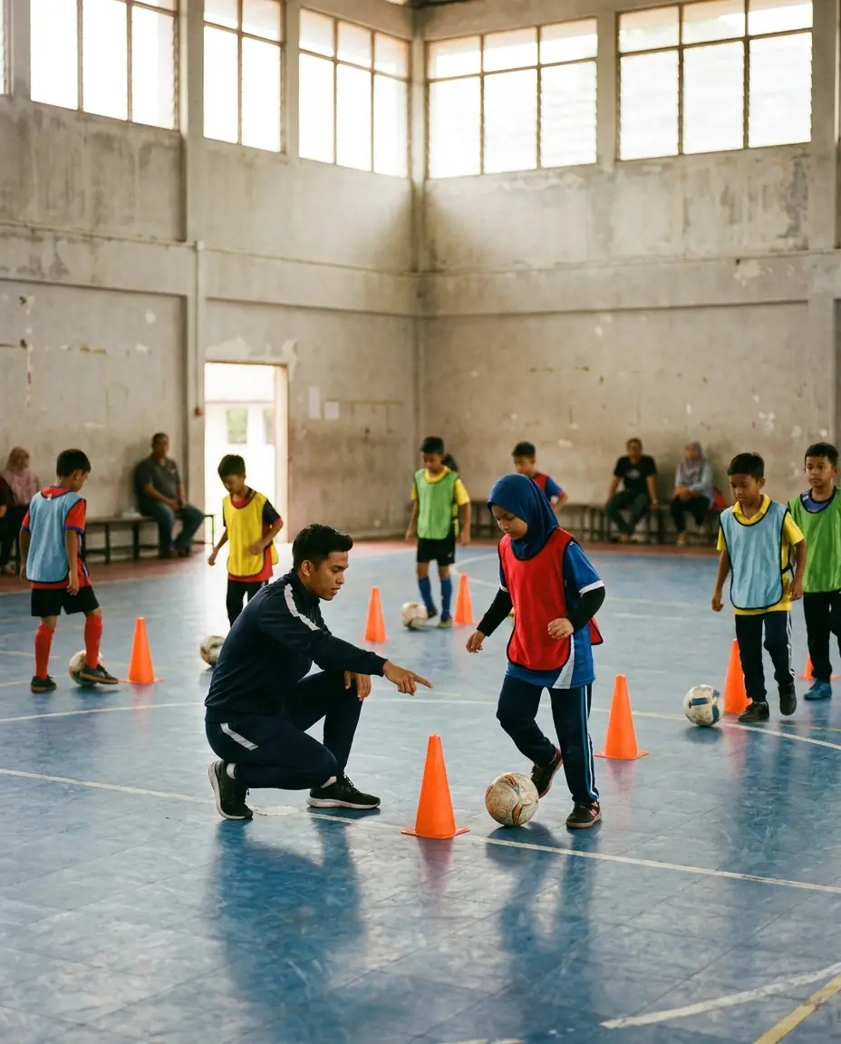 Jurulatih mengajar kanak-kanak menggelecek bola di antara kon dalam kelas futsal hari Sabtu