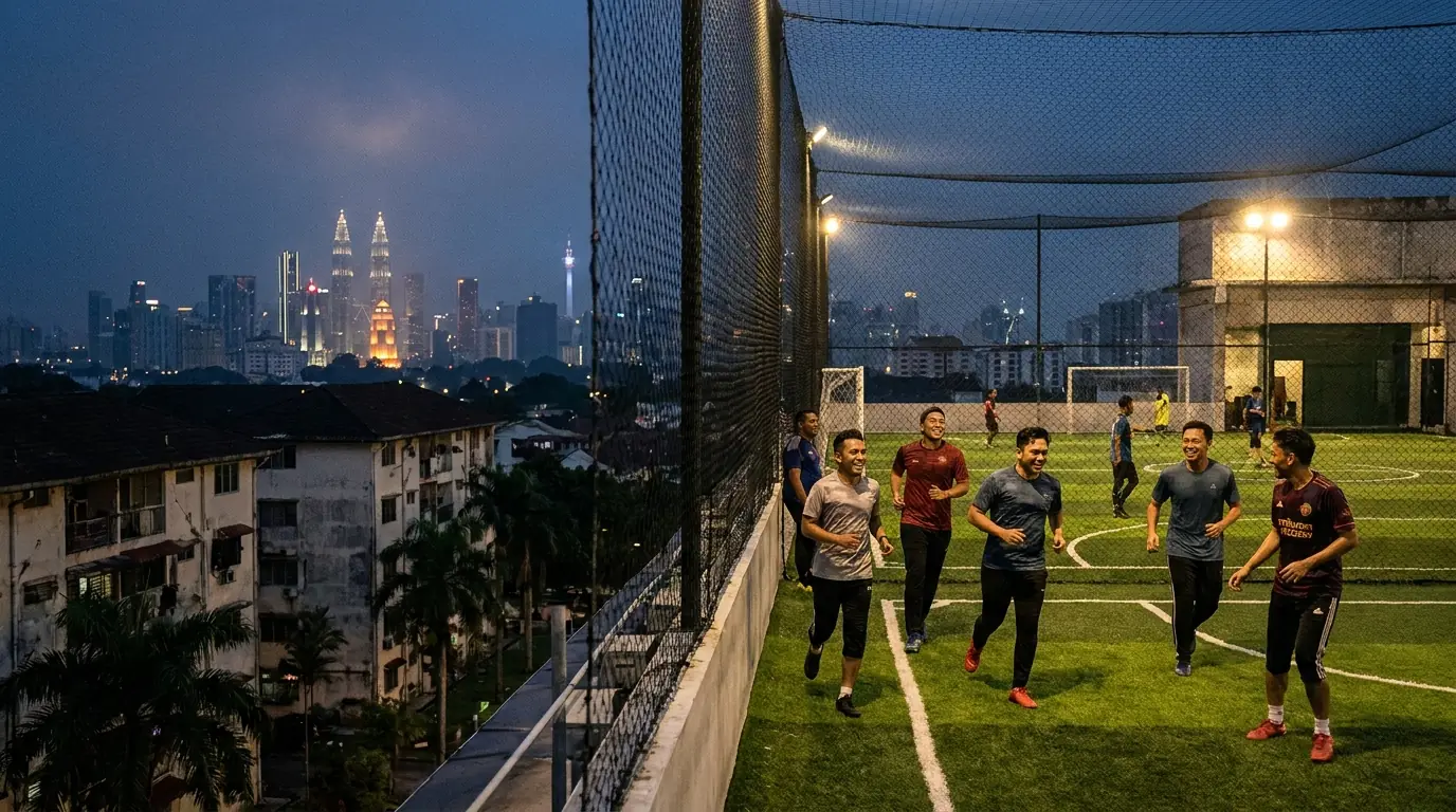 Gelanggang rumput tiruan di bumbung pada waktu malam dengan pemandangan bandar Kuala Lumpur